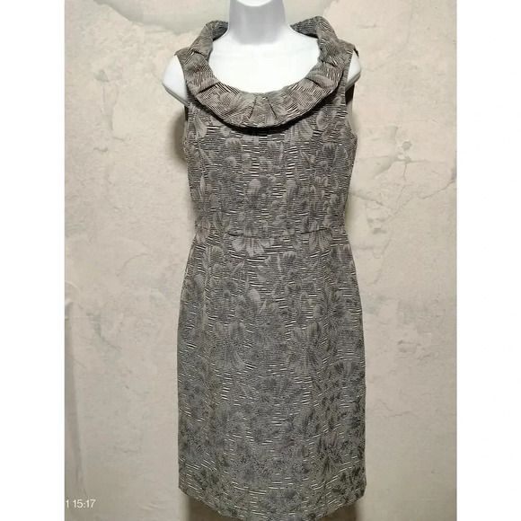 Tahari ASL Gray Black Pleated Collar Lined Sheath Sleeveless Collar Dress Size 4 - Picture 1 of 11
